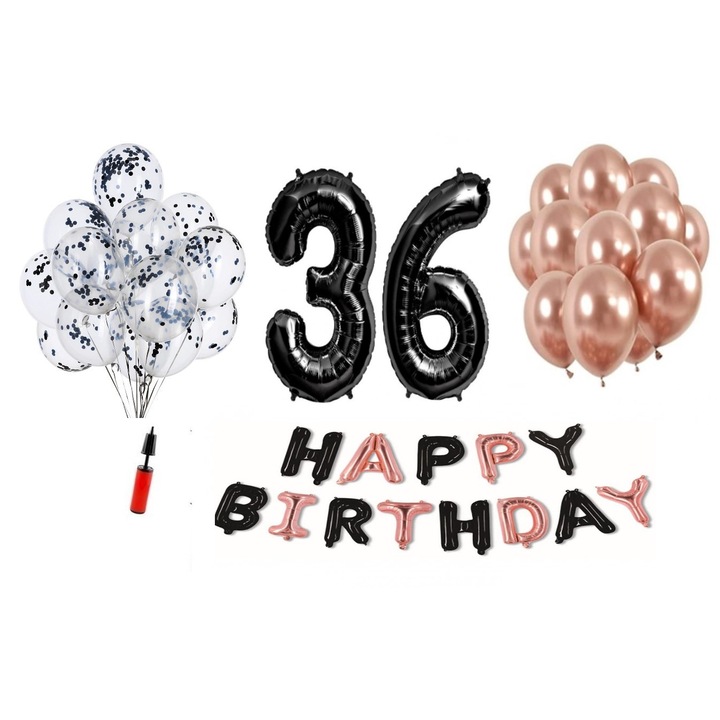36 db DOMI PARTY & GIFTS lufi készlet, Happy Birthday fekete/rózsa arany 36 éves évforduló, fóliaszám 101 cm, fekete