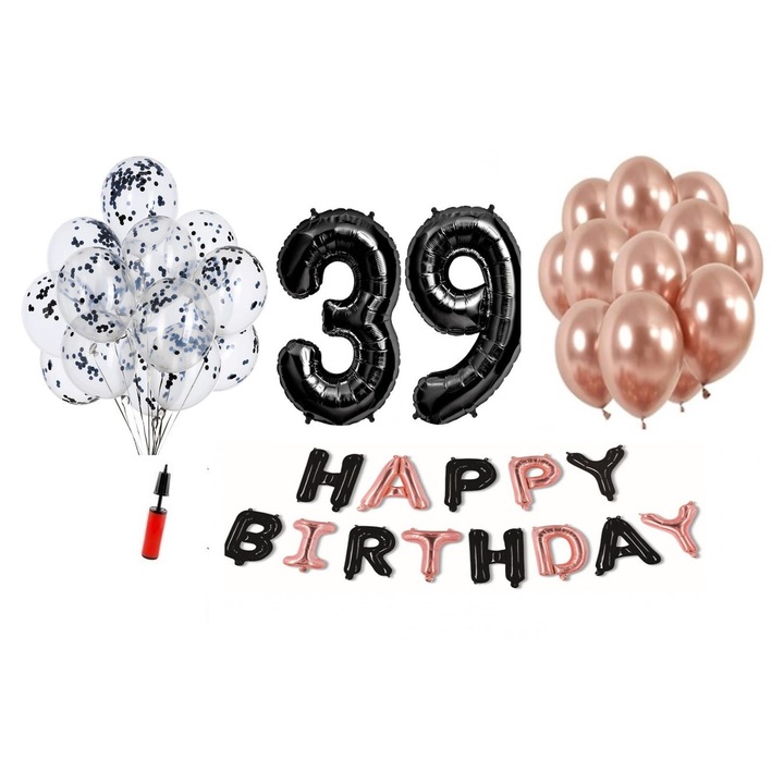 36 db DOMI PARTY & GIFTS lufi készlet, Happy Birthday fekete/rózsa arany 39 éves évforduló, fóliaszám 101 cm, fekete