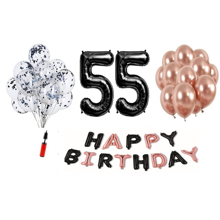 36 db DOMI PARTY & GIFTS lufi készlet, Happy Birthday fekete/rózsa arany 55. évforduló, fóliaszám 100 cm, fekete