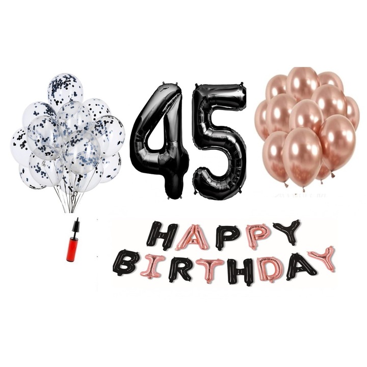 36 db DOMI PARTY & GIFTS lufi készlet, Happy Birthday fekete/rózsa arany 45 éves évforduló, fóliaszám 98 cm, fekete