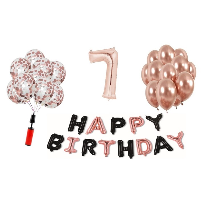 Комплект 35 балона DOMI PARTY & GIFTS, Happy Birthday розово злато/черно 7 години юбилей, фолио номер 101 см, розово злато
