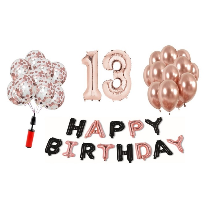 36 db DOMI PARTY & GIFTS lufi készlet, Happy Birthday rose gold/black 13 éves évforduló, fóliaszám 98 cm, rose gold