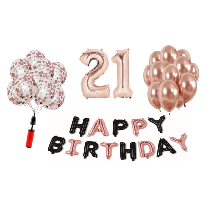 Комплект 36 балона DOMI PARTY & GIFTS, Happy Birthday розово злато/черно 21-ва годишнина, фолио номер 101 см, розово злато