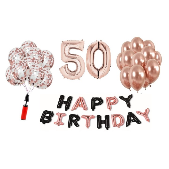 36 db DOMI PARTY & GIFTS lufi készlet, Boldog születésnapot rózsaszín arany/fekete 50. évforduló, fóliaszám 100 cm, rózsaszín arany