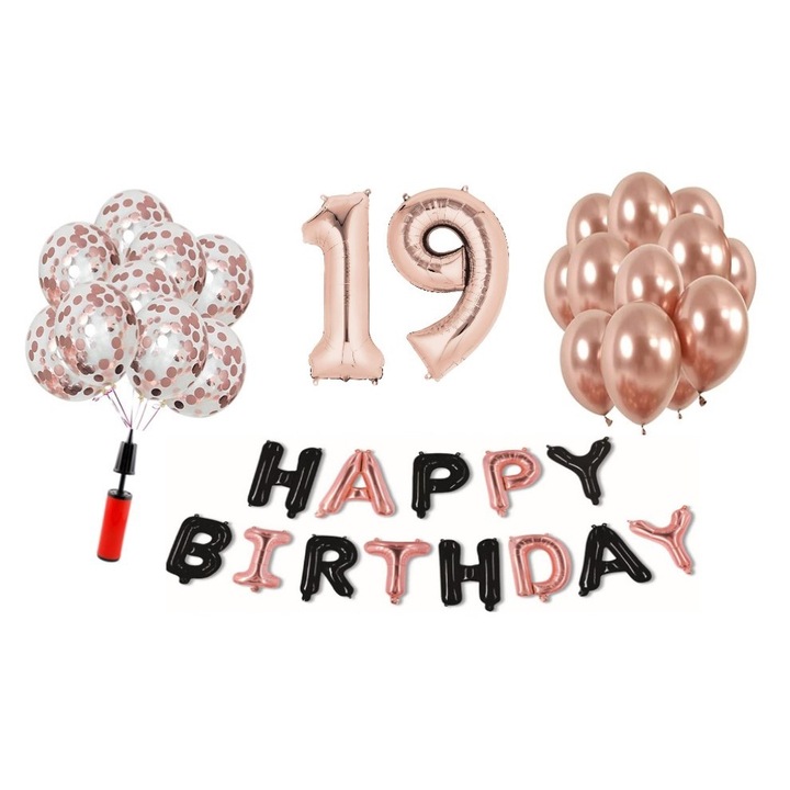 Комплект 36 балона DOMI PARTY & GIFTS, Happy Birthday, розово злато / черен цвят, за 19-та годишнина, фолио, 101 см