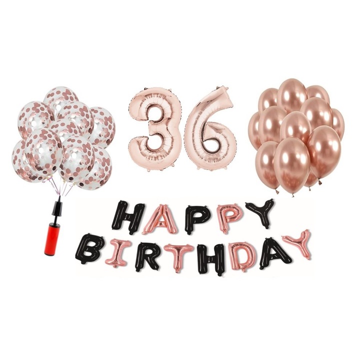 36 db DOMI PARTY & GIFTS lufi készlet, Happy Birthday rose gold/fekete 36. évforduló, fóliaszám 101 cm, rose gold