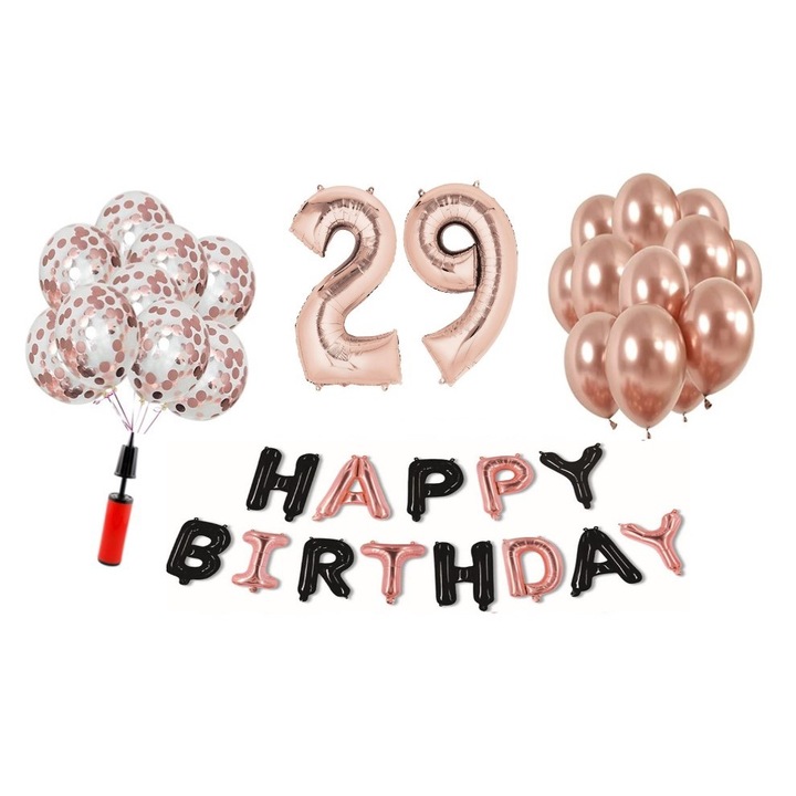 36 db DOMI PARTY & GIFTS lufi készlet, Boldog születésnapot rózsaszín arany/fekete 29. évforduló, fóliaszám 100 cm, rózsaszín arany