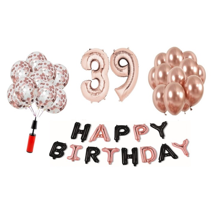 Комплект 36 балона DOMI PARTY & GIFTS, Happy Birthday розово злато/черно 39-та годишнина, фолио номер 101 см, розово злато