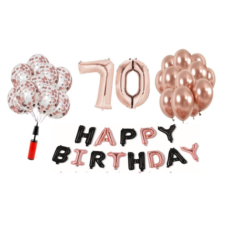 36 db DOMI PARTY & GIFTS lufi készlet, Happy Birthday rose gold/fekete 70. évforduló, fóliaszám 98 cm, rose gold