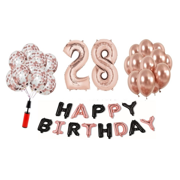36 db DOMI PARTY & GIFTS lufi készlet, Boldog születésnapot rózsaszín arany/fekete 28. évforduló, fóliaszám 100 cm, rózsaszín arany