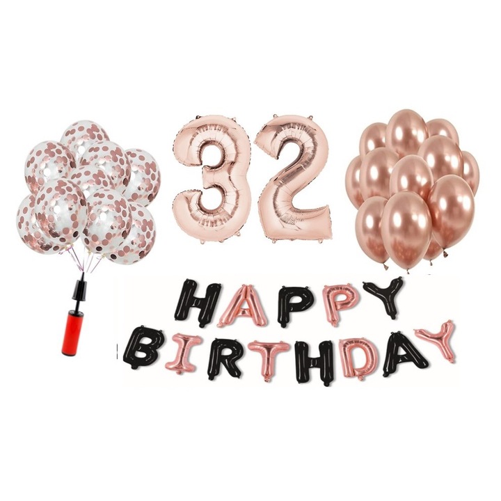36 db-os DOMI PARTY & GIFTS lufi készlet, Happy Birthday rose gold/black 32 éves évforduló, fóliaszám 101 cm, rose gold