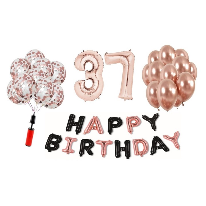 Комплект 36 балона DOMI PARTY & GIFTS, Happy Birthday розово злато/черно 37th юбилей, фолио номер 100 см, розово злато