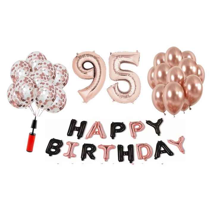 Комплект 36 балона DOMI PARTY & GIFTS, Happy Birthday розово злато/черно 95th юбилей, фолио номер 98 см, розово злато
