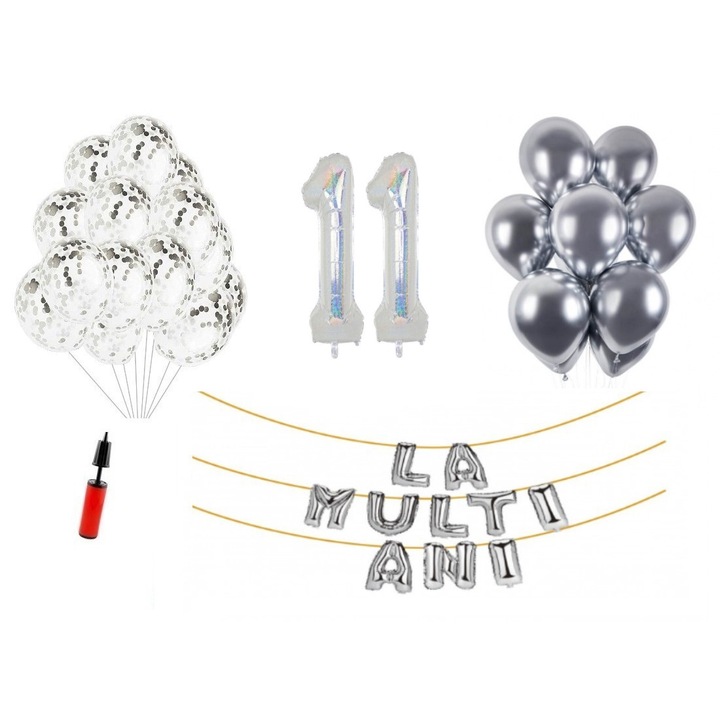 33 darabos készlet, Happy Birthday lufi 11 éves évfordulóra, számfólia 100 cm, holografikus