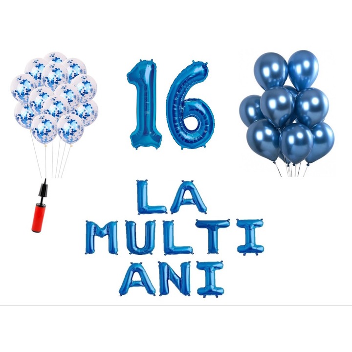 Lufi készlet, 33 elem, Boldog születésnapot 16 év, fólia számok 101 cm, kék