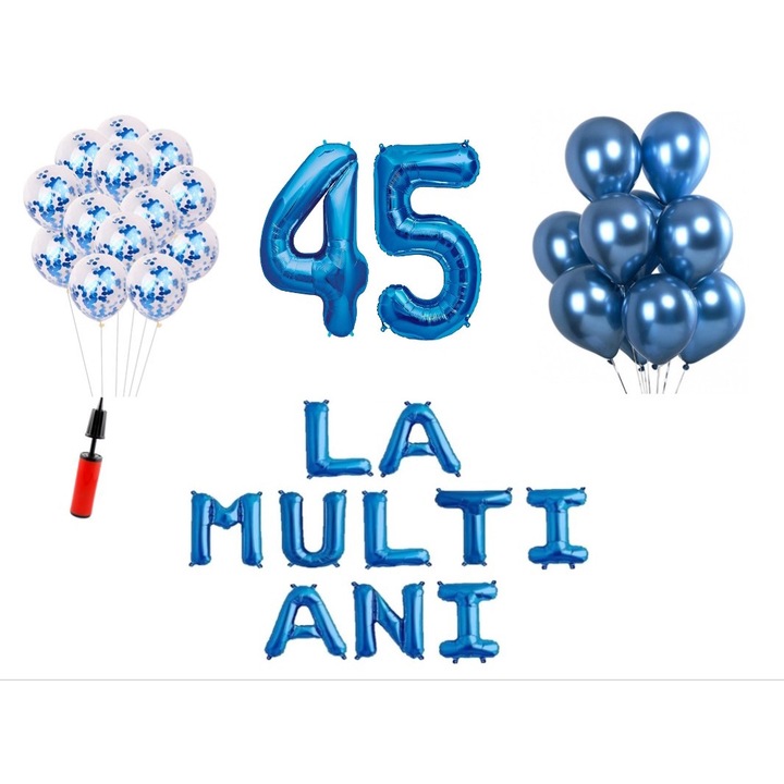 Lufi készlet, 33 elem, Boldog születésnapot 45 éves évfordulóra, fóliaszámok 101 cm, kék