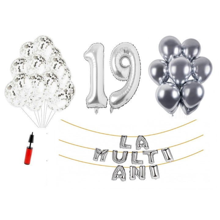 Комплект балони, 33 елемента, Happy Birthday 19 години, фолио цифри 101 см, сребро