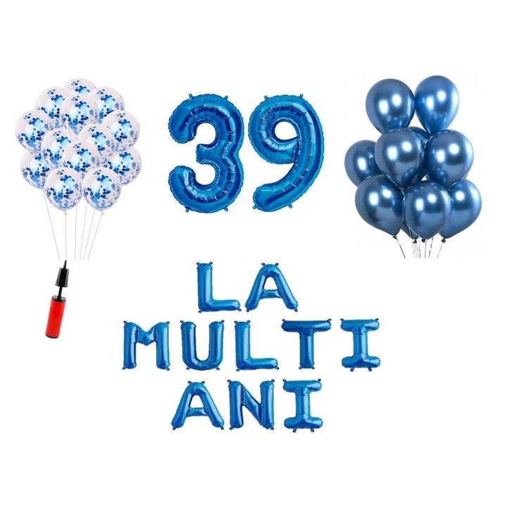Set 33 baloane, La Multi Ani aniversare 39 ani, cifre folie 100 cm, albastru