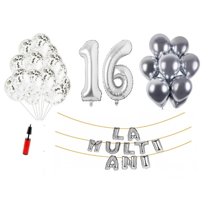 Lufi készlet, 33 elem, Boldog születésnapot 16 év, fólia számok 101 cm, ezüst