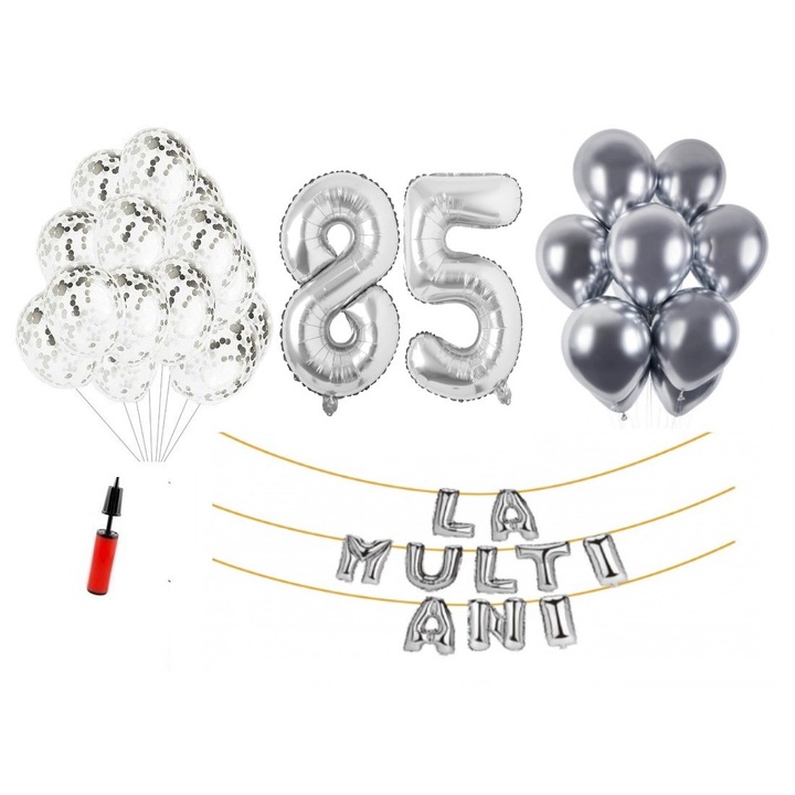 Комплект 33 балона, Happy Birthday 85 години, фолио цифри 100 см, сребро