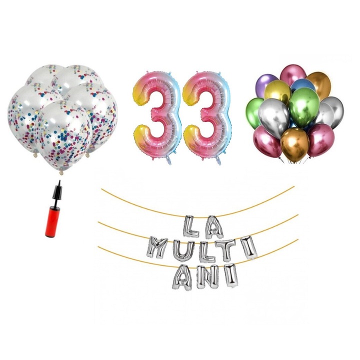Комплект балони, 33 елемента, Happy Birthday 33 години юбилей, фолио цифри 101 см, дъга