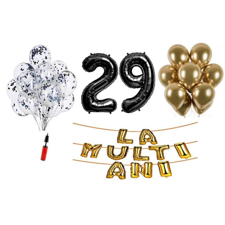 Set 33 baloane, La Multi Ani aniversare 29 ani, cifre folie 100 cm, negru