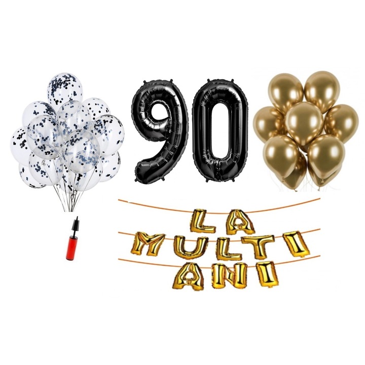 Set baloane, 33 elemente, La Multi Ani aniversare 90 ani, cifre folie 101 cm, negru