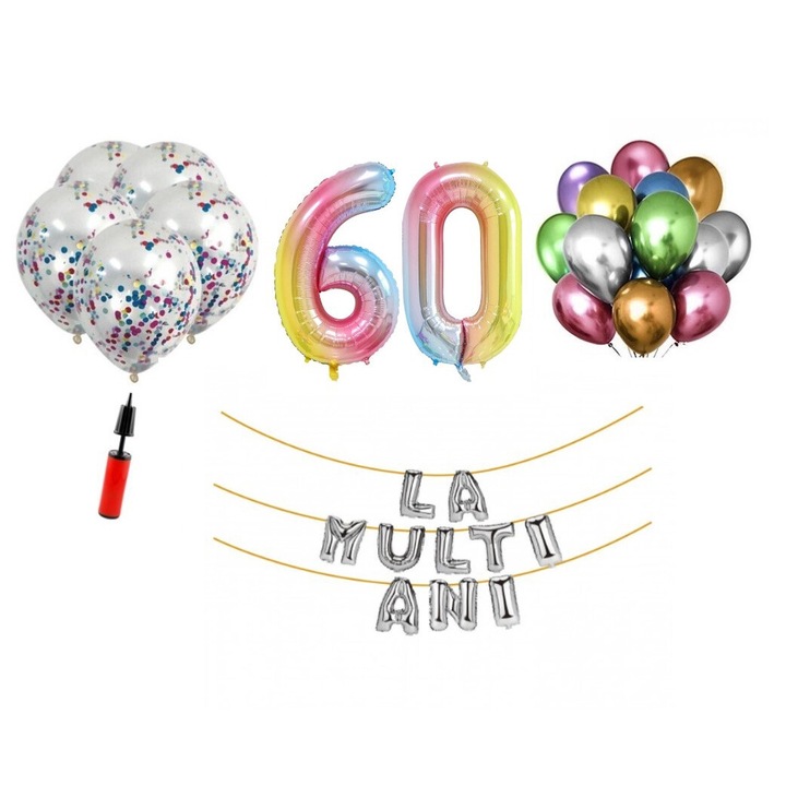 Set 33 baloane, La Multi Ani aniversare 60 ani, cifre folie 100 cm, curcubeu