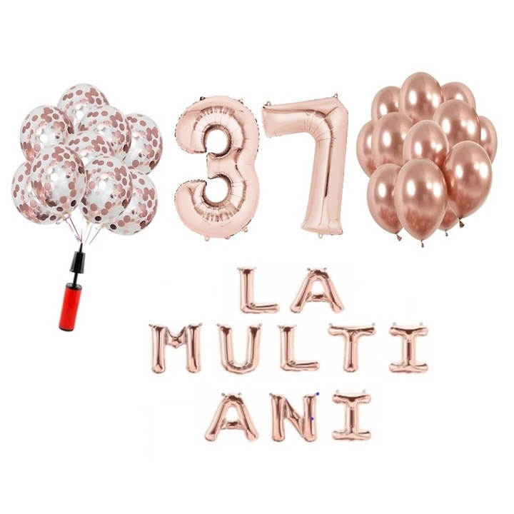 33 db lufi készlet, Boldog születésnapot 37 éves évfordulóra, fóliaszámok 100 cm, rózsaszín arany