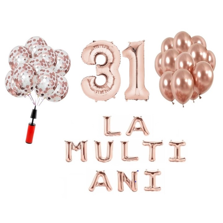 33 db lufi készlet, Boldog születésnapot 31 éves évfordulóra, fóliaszámok 100 cm, rózsa arany