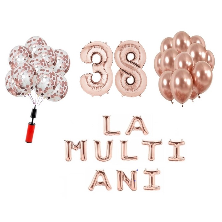 33 db lufi készlet, Boldog születésnapot 38 éves évfordulóra, fóliaszámok 100 cm, rózsaszín arany