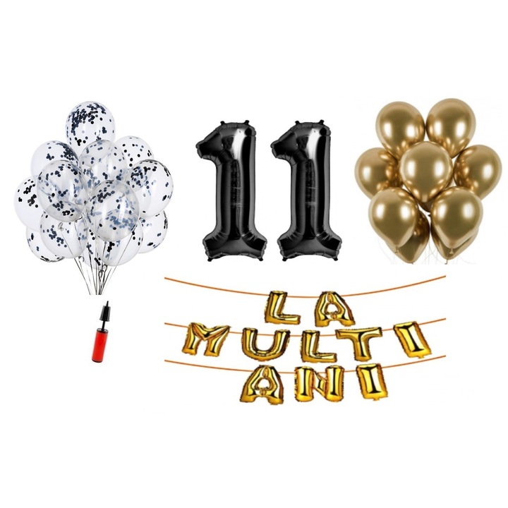 Set 33 baloane, La Multi Ani aniversare 11 ani, cifre folie 100 cm, negru
