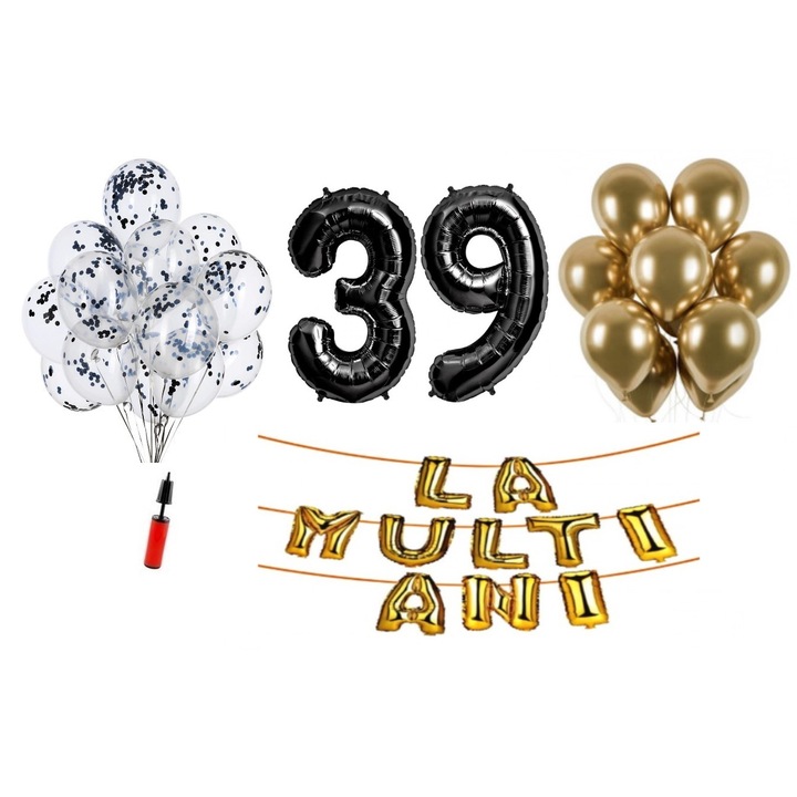 33 db-os lufi készlet, Boldog születésnapot 39 éves, fóliaszámok 100 cm, fekete