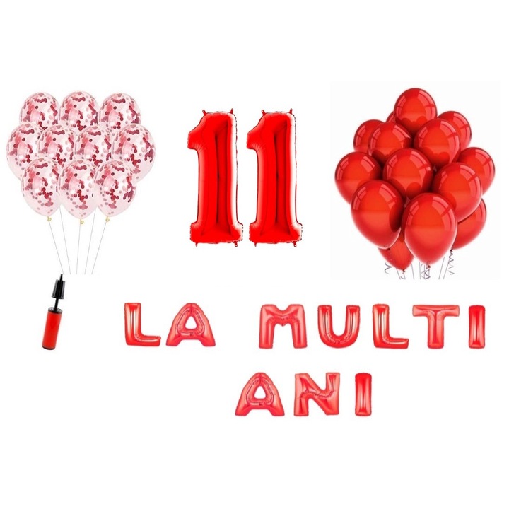 33 db lufi készlet, Boldog születésnapot 11 éves évfordulóra, fóliaszámok 100 cm, piros