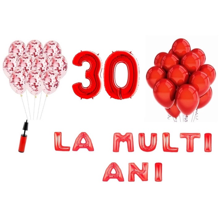 33 db lufi készlet, La Multi Ani 30 éves, fóliaszámok 100 cm, piros