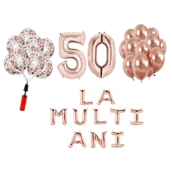 33 db lufi szett, Boldog születésnapot 50. évfordulóra, fóliaszámok 100 cm, rose gold