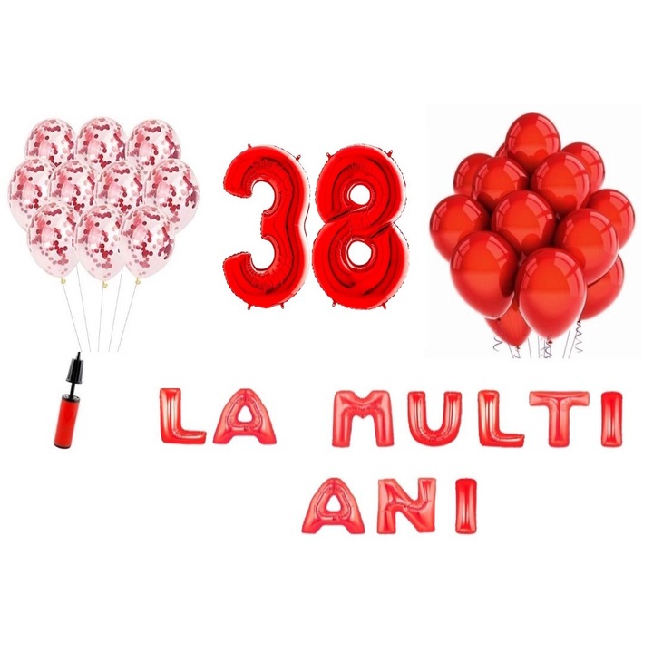 Lufi készlet, 33 elem, Boldog születésnapot 38 éves évfordulóra, fóliaszámok 101 cm, piros