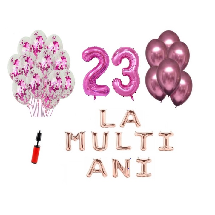 33 db lufi készlet, Boldog születésnapot 23 éves évfordulóra, fóliaszámok 100 cm, rózsaszín