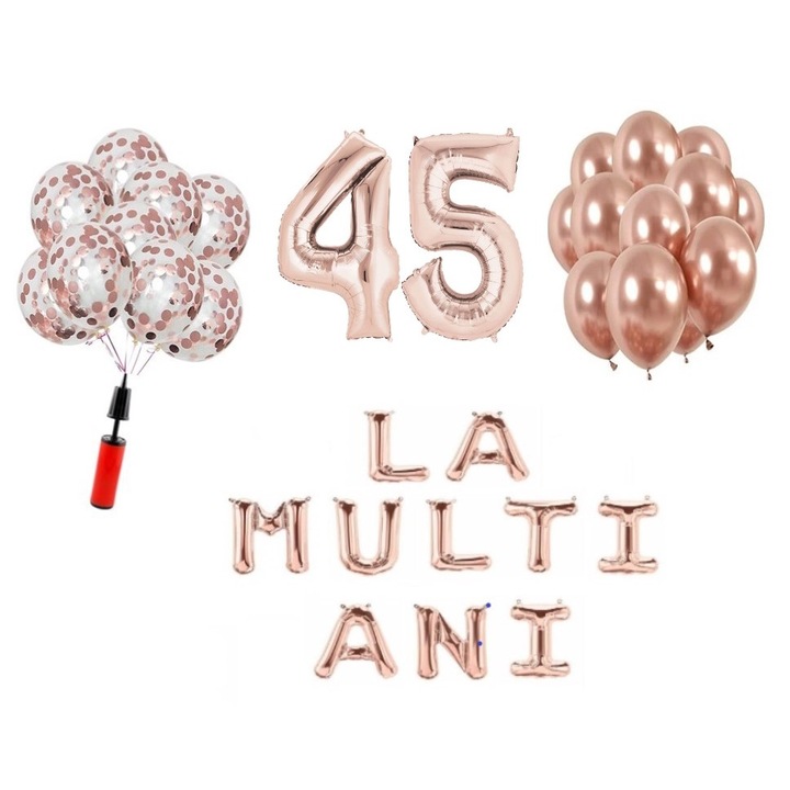 33 db lufi készlet, Boldog születésnapot 45 éves évfordulóra, fóliaszámok 100 cm, rózsaszín arany