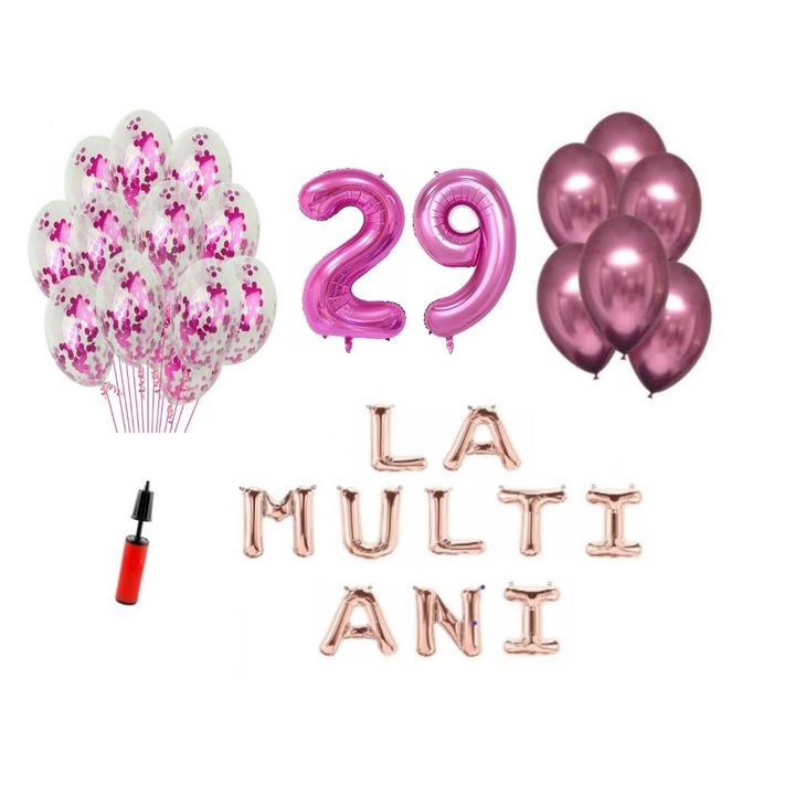 Lufi készlet, 33 elem, Boldog születésnapot 29 éves, fóliaszámok 101 cm, rózsaszín