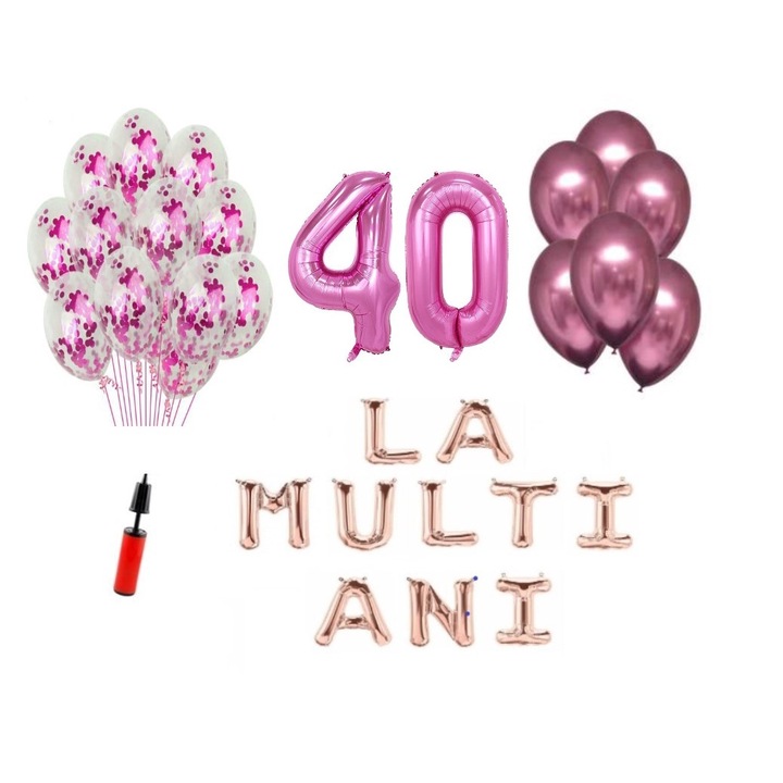 33 db lufi készlet, Boldog születésnapot, 40. évfordulót, fóliaszámok 100 cm, rózsaszín