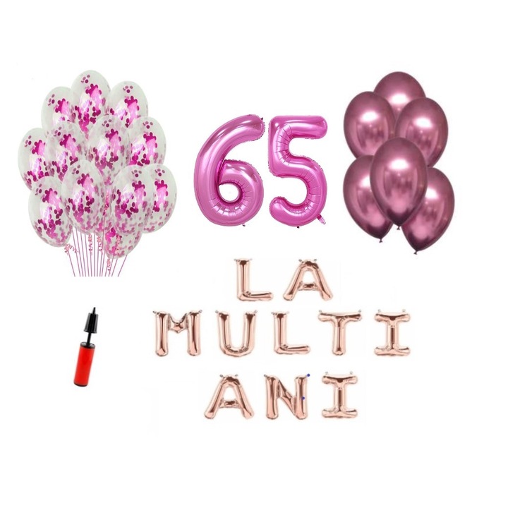 33 db lufi készlet, Boldog születésnapot, 65. évfordulót, fóliaszámok 100 cm, rózsaszín