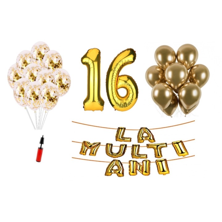 33 db lufi készlet, La Multi Ani, 16 éves évforduló, fóliaszámok 100 cm, arany