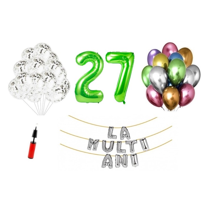 33 db lufi készlet, Boldog születésnapot, 27. születésnapot, fóliaszámok 100 cm, zöld