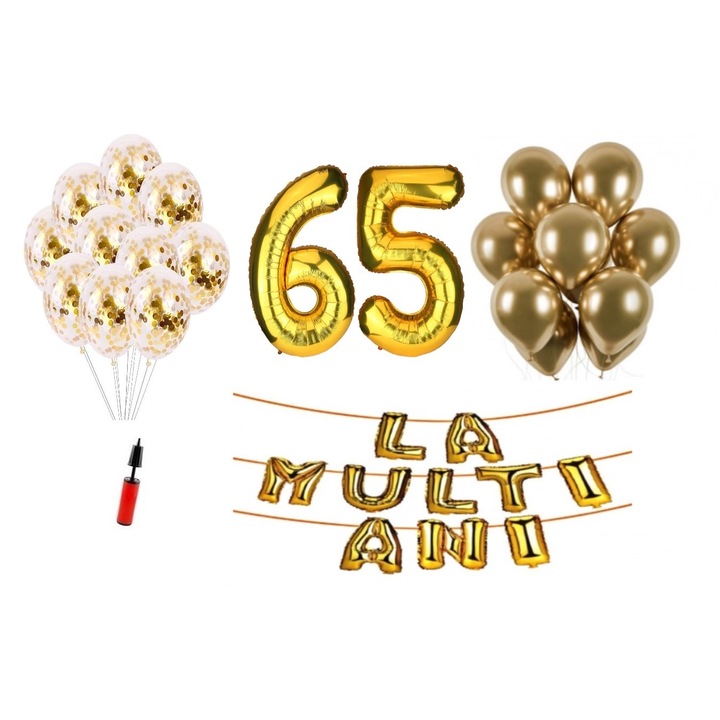 33 db Lufi készlet, Boldog születésnapot 65. év, fólia számok, 100 cm, arany
