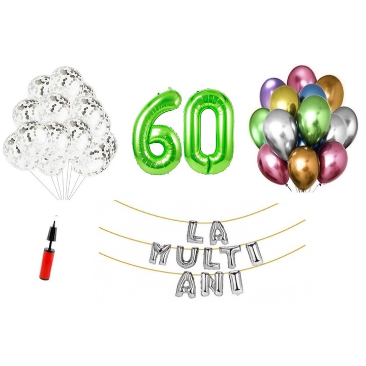 Set 33 baloane, La Multi Ani aniversare 60 ani, cifre folie 100 cm, verde