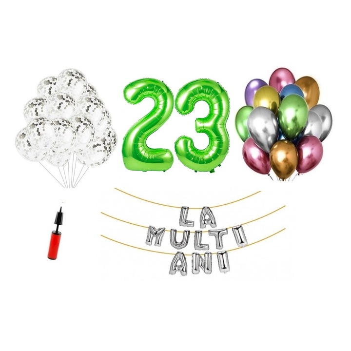 33 db lufi készlet, Boldog születésnapot 23 éves évfordulóra, fóliaszámok 100 cm, zöld