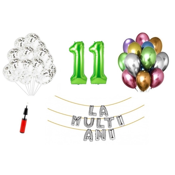 33 db lufi készlet, La Multi Ani, 11 éves, fóliaszámok 100 cm, zöld