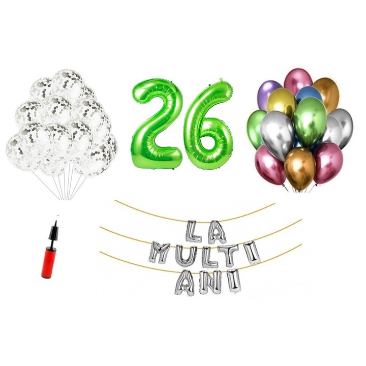 33 db lufi készlet, Boldog születésnapot 26 éves évfordulóra, számfólia 100 cm, zöld