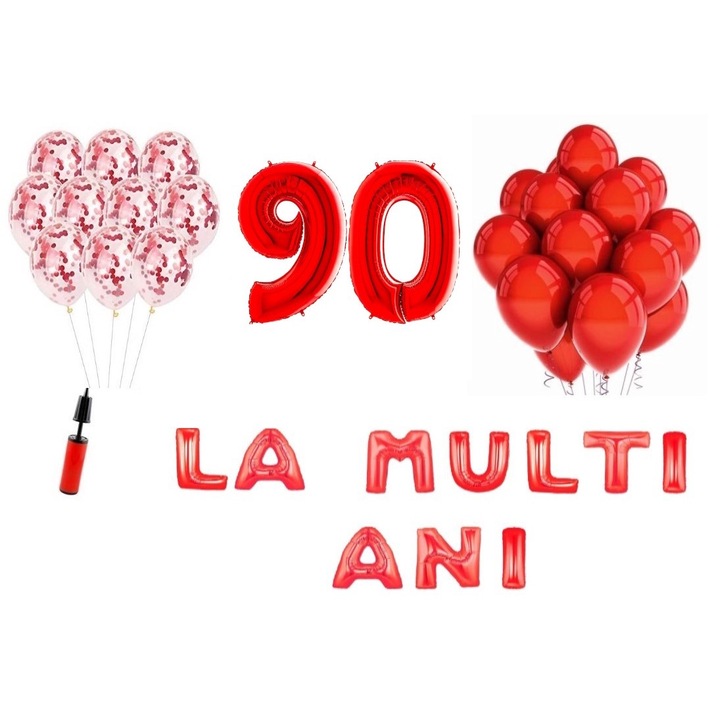33 db lufi készlet, Boldog születésnapot, 90. születésnapot, fóliaszámok 100 cm, piros